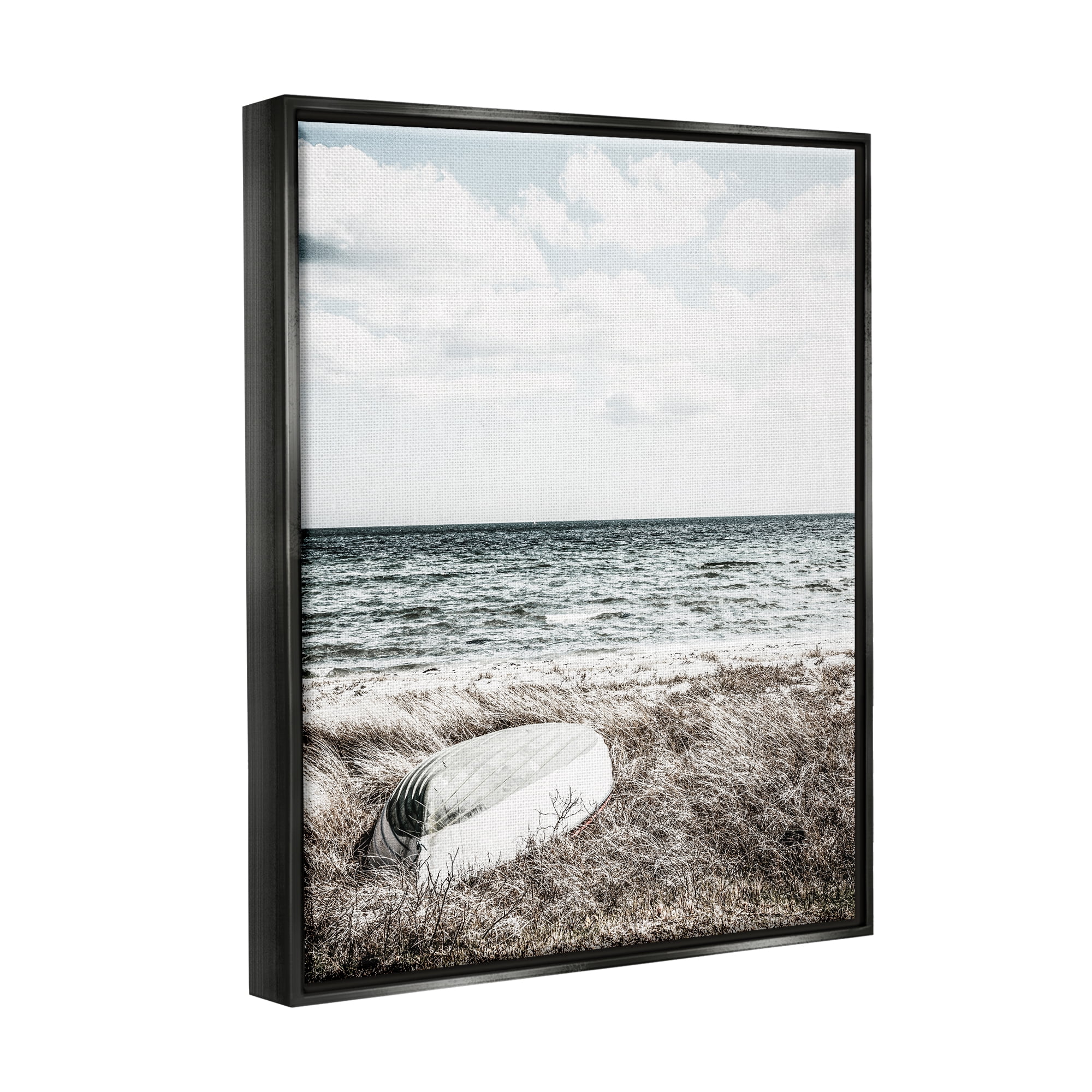 Stupell Industries Boat on Beach Coast Nature Photography Black Floater Framed Art Print Wall Art, 17 x 21