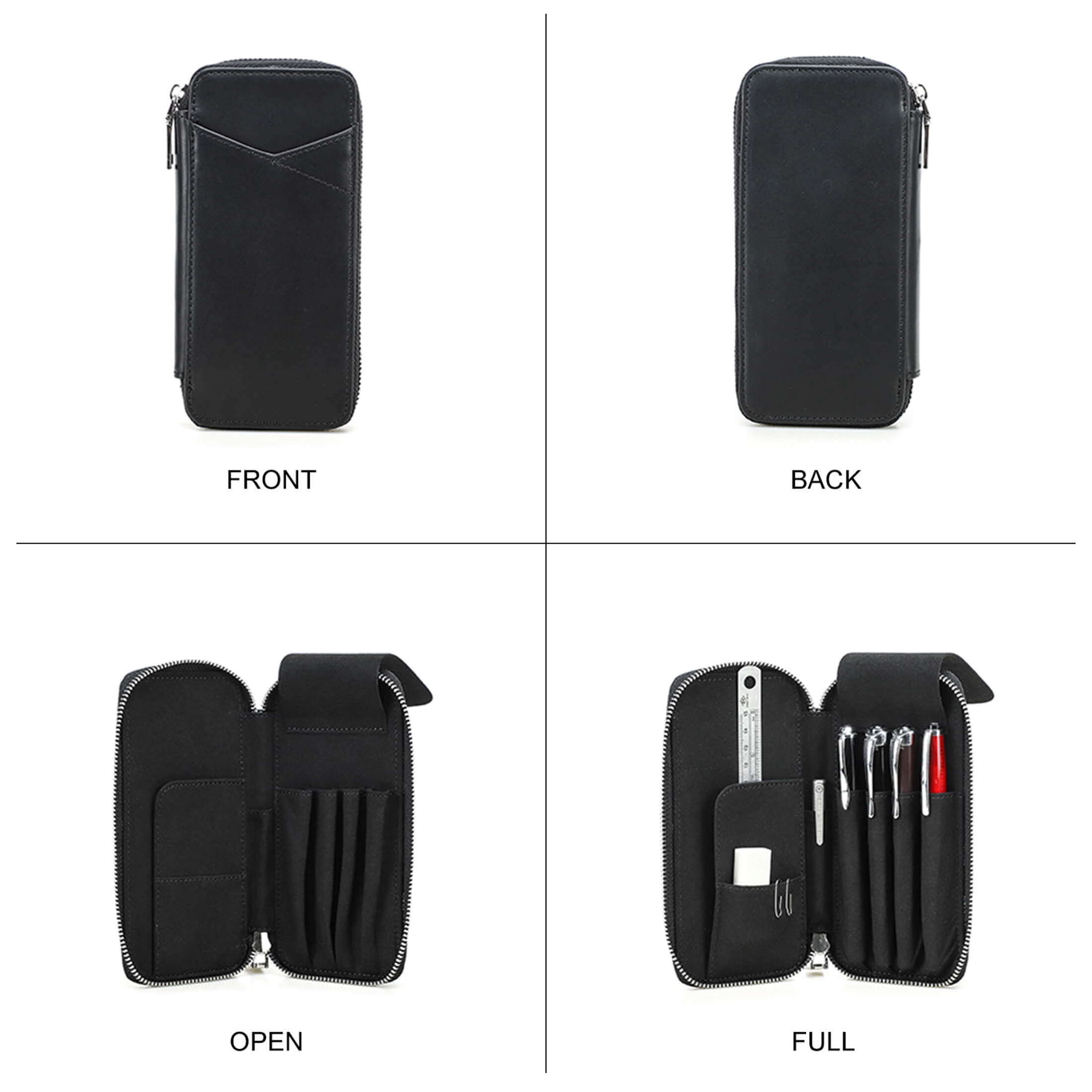 Hiram Genuine Leather Pencil Case with 4 Slots, Handmade Multifunctional Zipper Fountain Pen Bag, Student Stationery Pen Box (Black)
