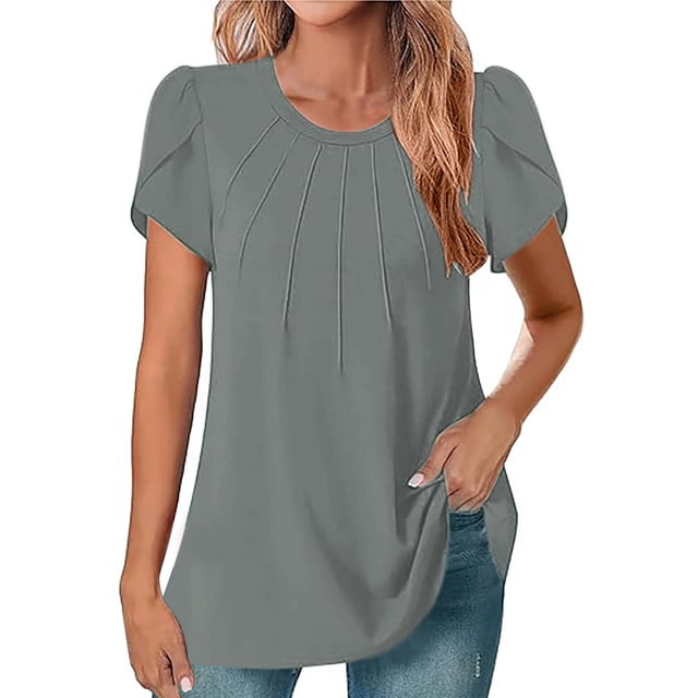 Plebaso Hauts d'Été pour Femmes Col Rond Manches Courtes Tee-Shirts Plissés Tunique Décontractée Blouses Amples Habillées