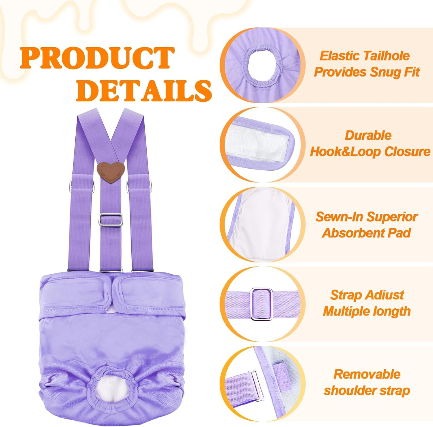 3  Washable Female  Diaper with Suspender, Fixed Doggie Diapers  Absorbent Leakproof for  in Heat Cycle - XL
