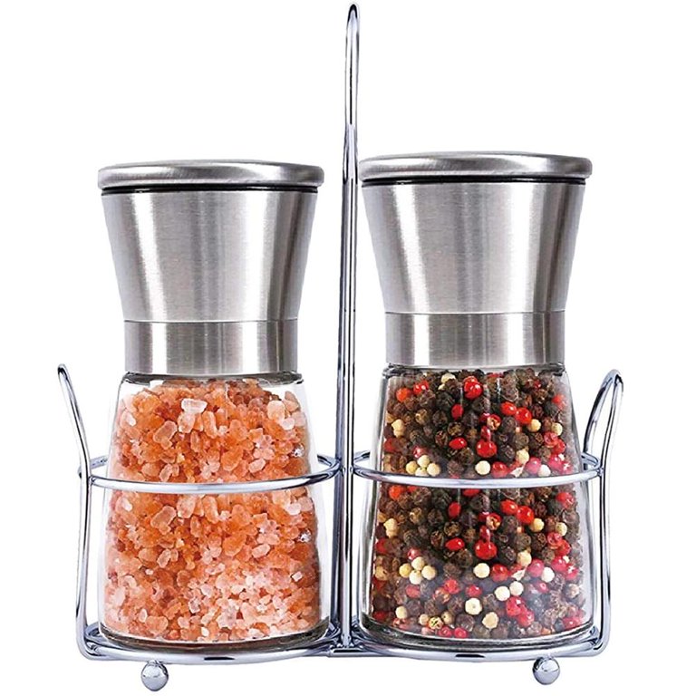 Hotder Premium Pepper and Salt Grinder Set of 2-Refillable Coarseness  Adjustable Pepper Mill Shaker with Glass Body for Home,Kitchen(Two Pack)