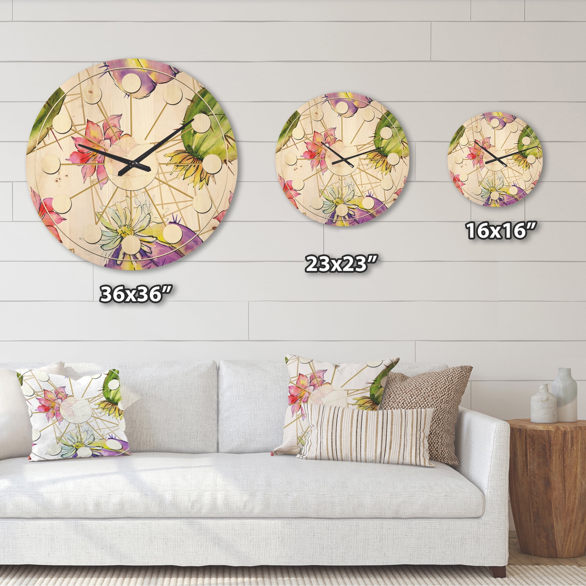 Designart 'Green Cactus Pattern On White' Mid-Century Modern Wood Wall Clock