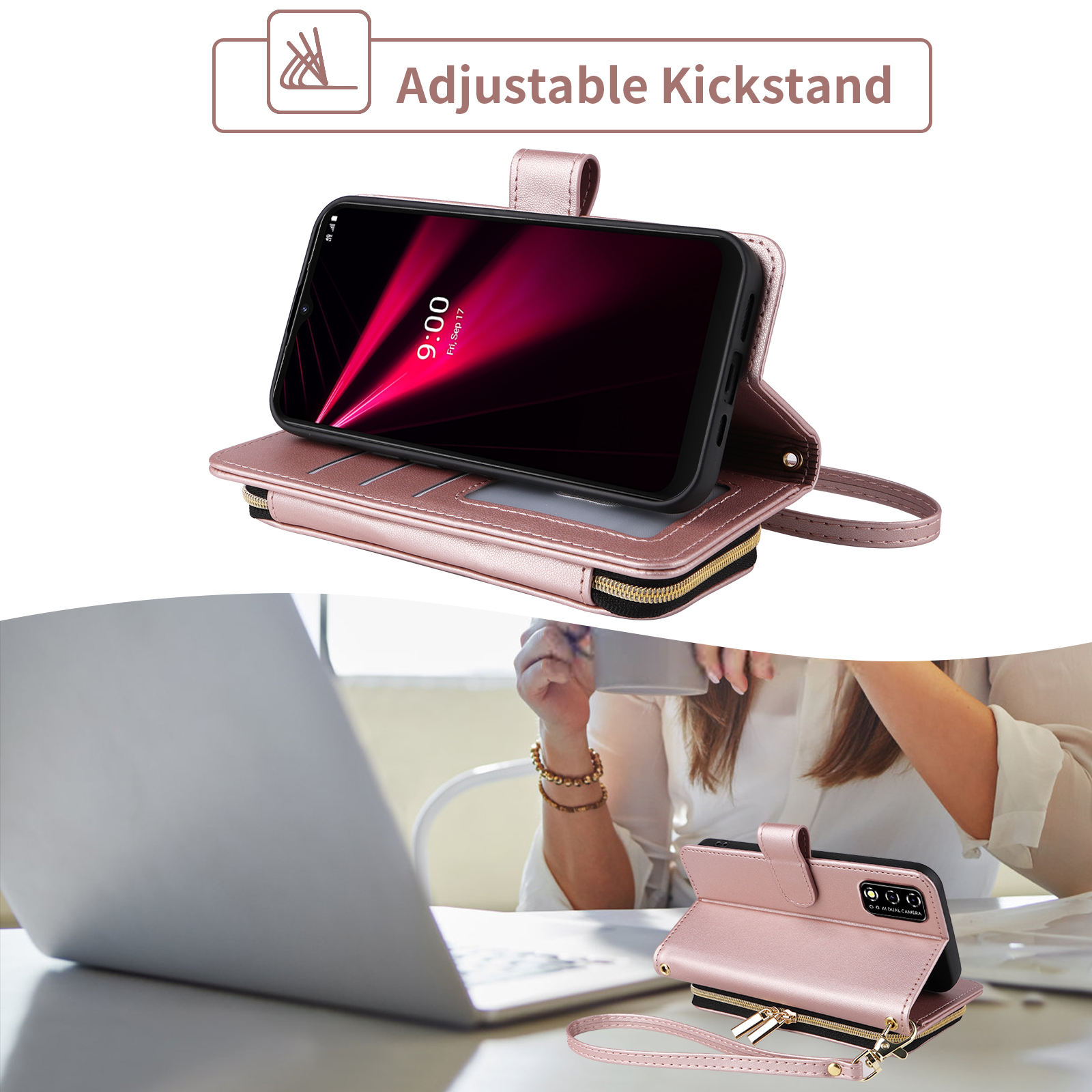Furiet Argyle Wallet Case for T-Mobile Revvl V 4G with Wrist/Shoulder Strap, Card Slots Flip Zipper Purse Stand Cell Phone Cover for Tmobile T Mobile TMRVL4G LTE 2021 6.52" Women Girls Rose Gold