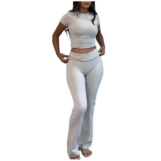 Conjuntos de 2 piezas para mujer: top ajustado de manga corta y leggings acampanados de talle bajo, ropa deportiva de viscosa 92 % para el día a día y ocasiones informales
