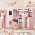 thumbnail image 2 of Wisairt Corner Wooden Play Kitchen for Kids, Interactive Pretend Play Kitchen with Realistic Lights & Sounds, 23 Pcs Cooking Accessories, Age 3+, Pink, 2 of 7