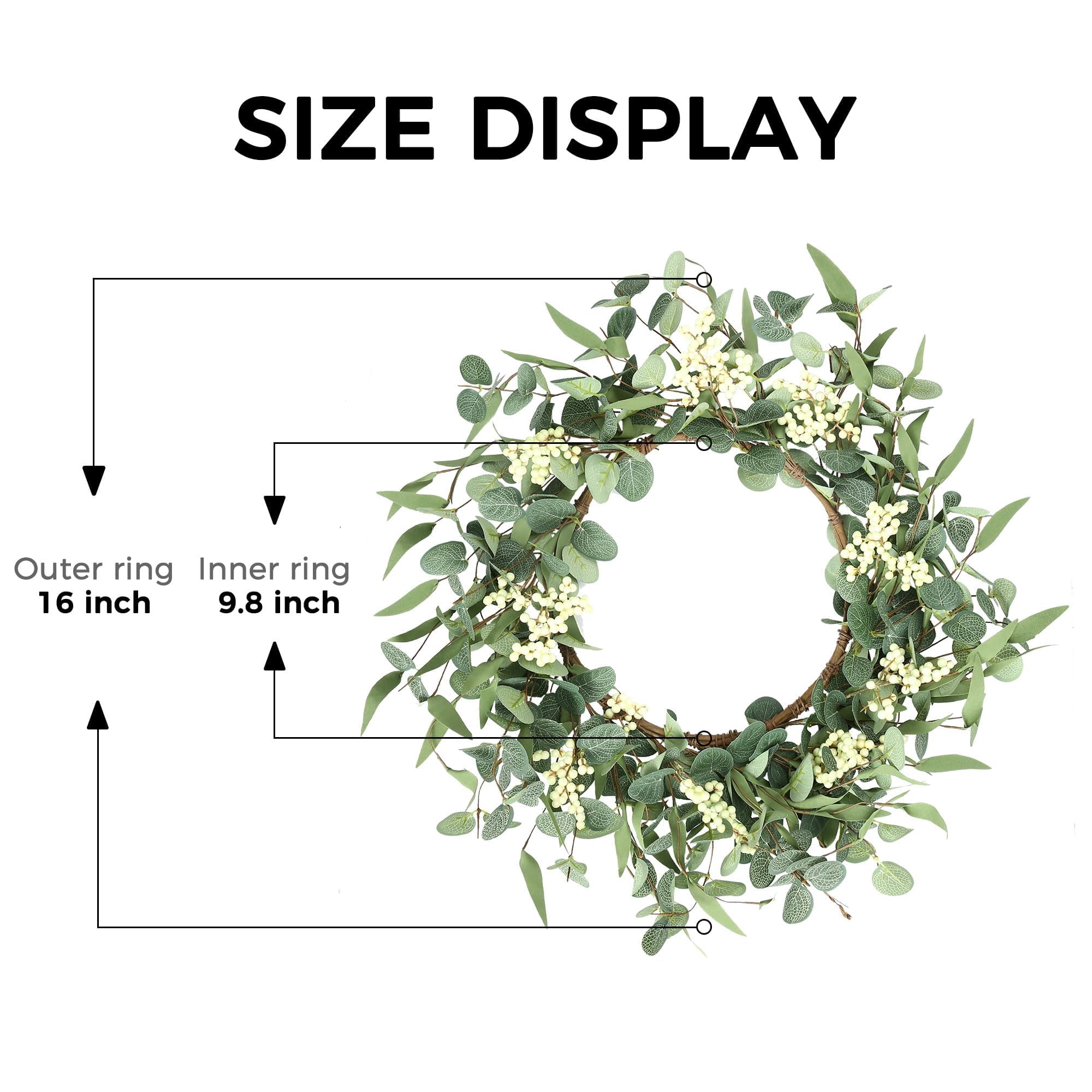 16'' Eucalyptus Wreath for Front Door, Porch, Window - Green Decor for Home, Farmhouse - Spring, Summer, Fall, All Seasons