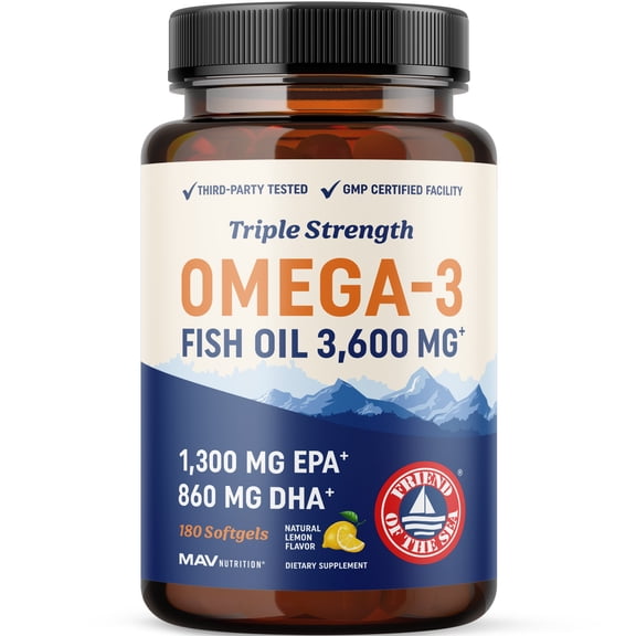 MAV Nutrition Omega 3 Fish Oil 3600 mg, EPA & DHA, Non-GMO, 180 Ct