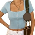 thumbnail image 1 of SUNSIOM Women Summer Knit Pullover Solid Square Collar Short Sleeve Crop Top, 1 of 9