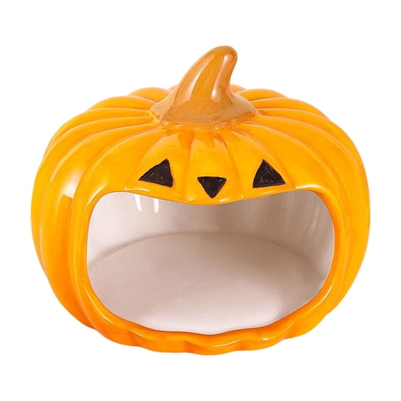 Pumpkin Shaped Ceramic Hamster Hideout House for Small Pets, Cute Halloween Hideaway for Hamsters Gerbils Mice Rats, Cozy Orange Pet Shelter for Cage Accessories 4.3x3.5Inch