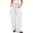 thumbnail image 3 of Women's Linen Wide Leg Cargo Pants Elastic Drawstring Waist Casual Loose Trousers With Pockets, 3 of 7