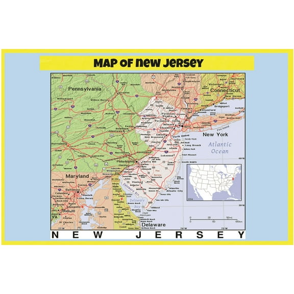 Map of New Jersey Style C - Laminated Wall Map Poster Print Perfect for Classrooms and Homes - Vivid Imagery with Bright Colors - 18x24