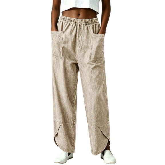 XPMWRP Women Elastic High Waist Big Patch Pocket Denim Wide Leg Pants Front Split Ankle Loose Lightweight Jeans Casual Walking Vacation Trousers Khaki XXXL