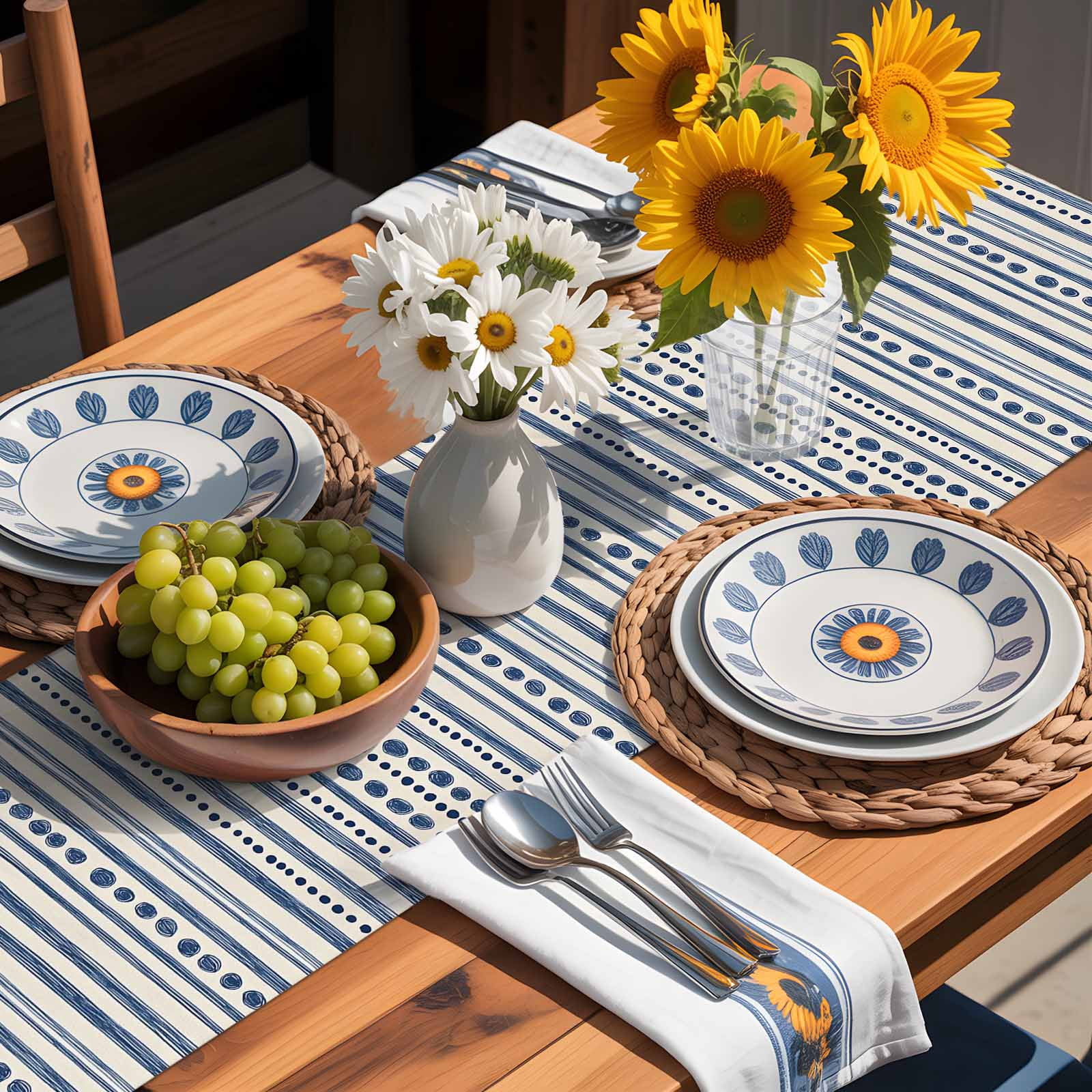 Modern Geometric Blue Stripe Dot Table Runner 90 Inches Long, Abstract Line Graffiti Beige Table Runners Tabletop Scarf Kitchen Dining Tables Decoration for Home Party Indoor Outdoor
