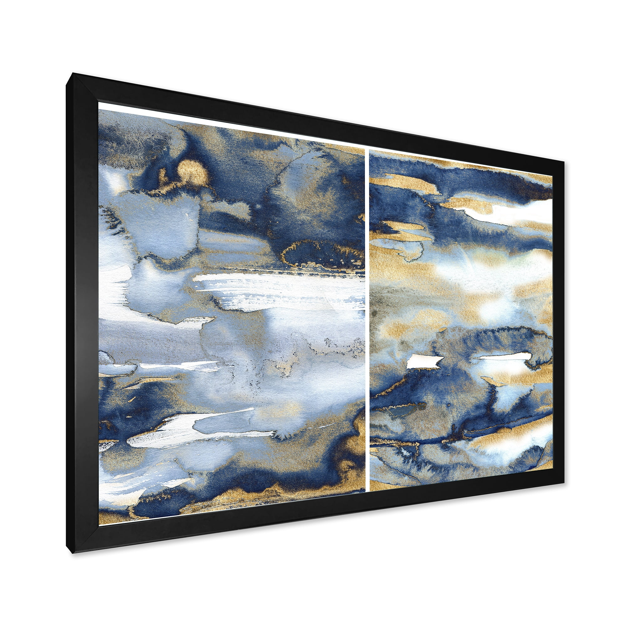 Designart 'Gold and Dark Blue Abstract II' Modern Framed Art Print