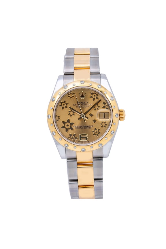 Pre-Owned Rolex Datejust 31MM 178343 Champagne Floral Arabic Dial Diamond Bezel Two Tone Yellow Gold Oyster Bracelet