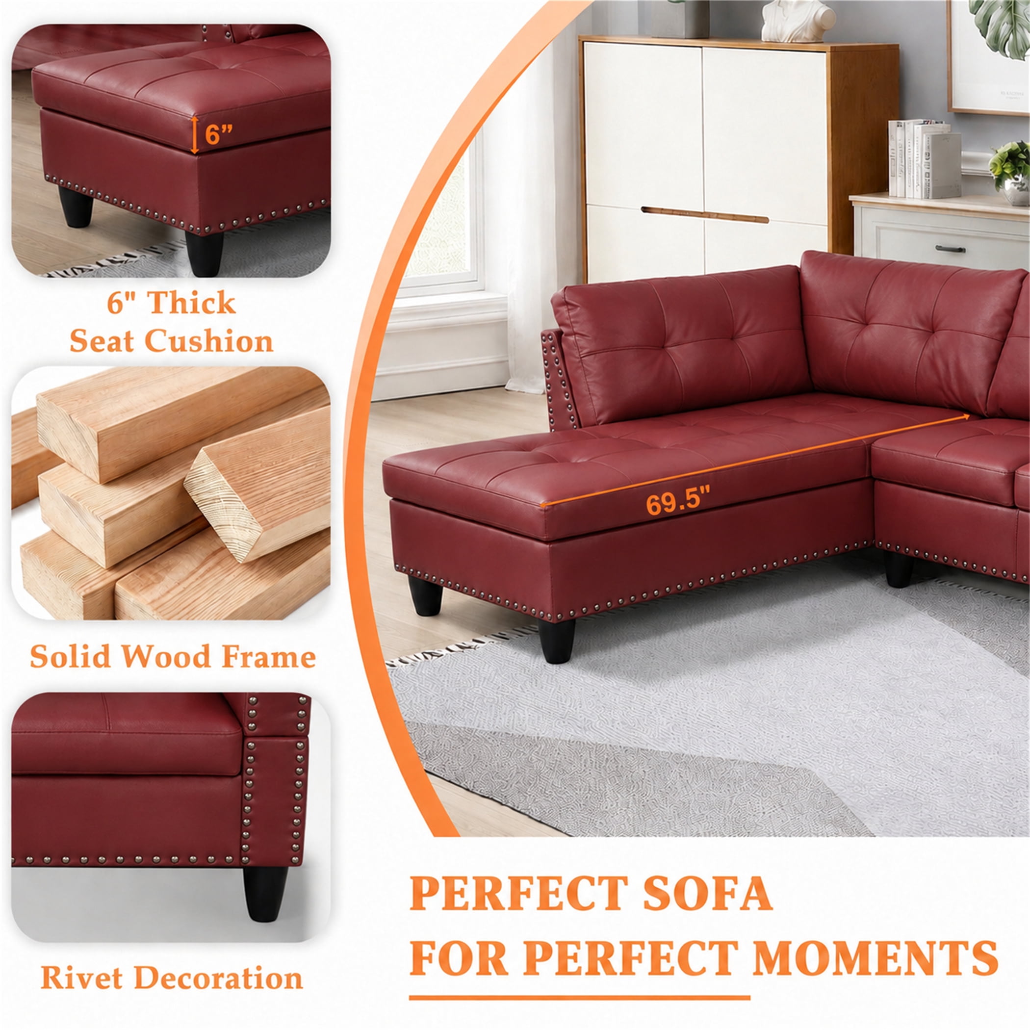 Aukfa 98" L Shaped Sectional Couch with Cup Holder Console, Tufted Back&Nailhead Trim, Oversized Left Chaise Leather Sofa for Living Room, Red