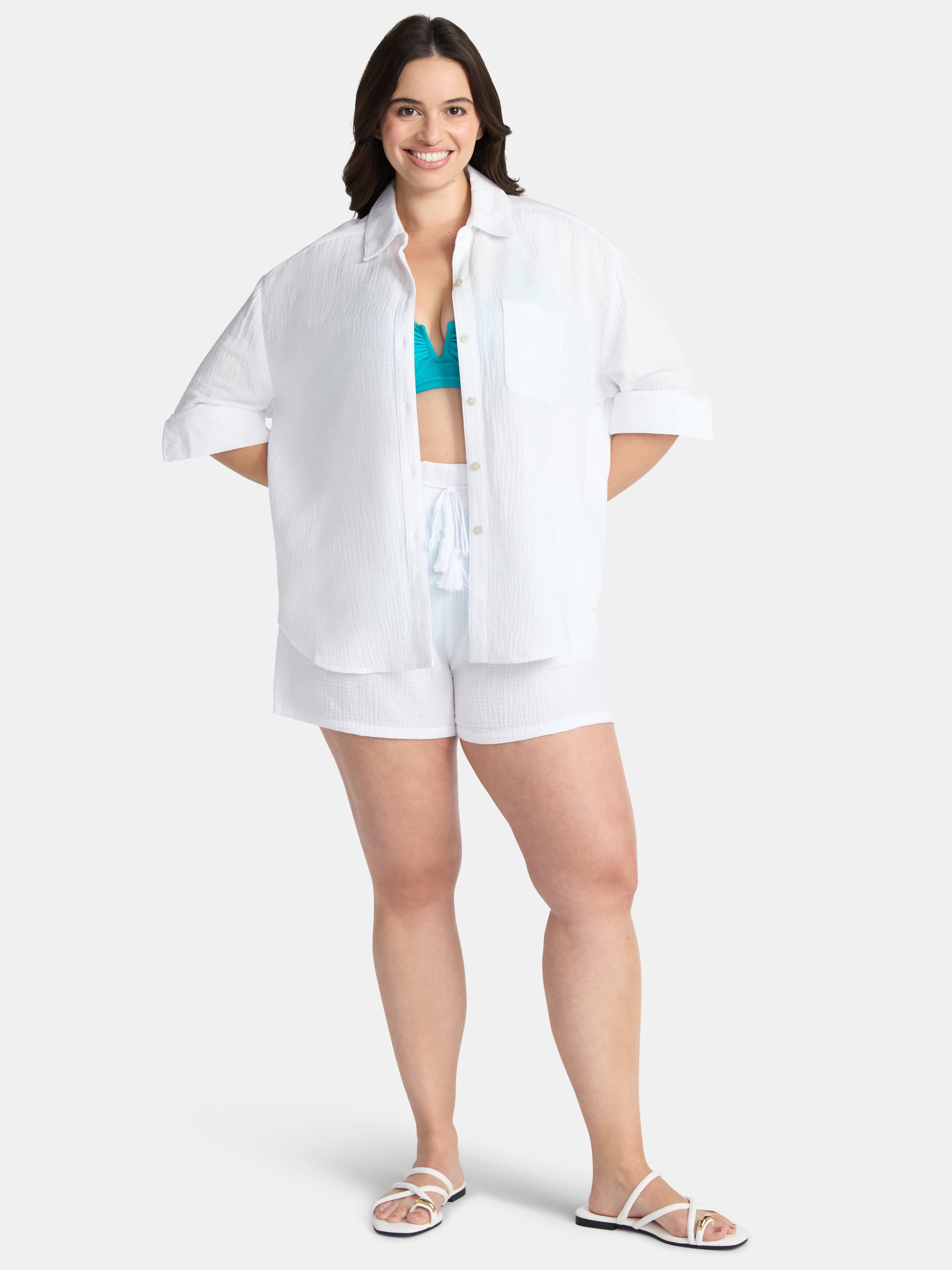 Time and Tru Women's and Women's Plus Button Down Cotton Coverup Shirt, Sizes XS - 3X