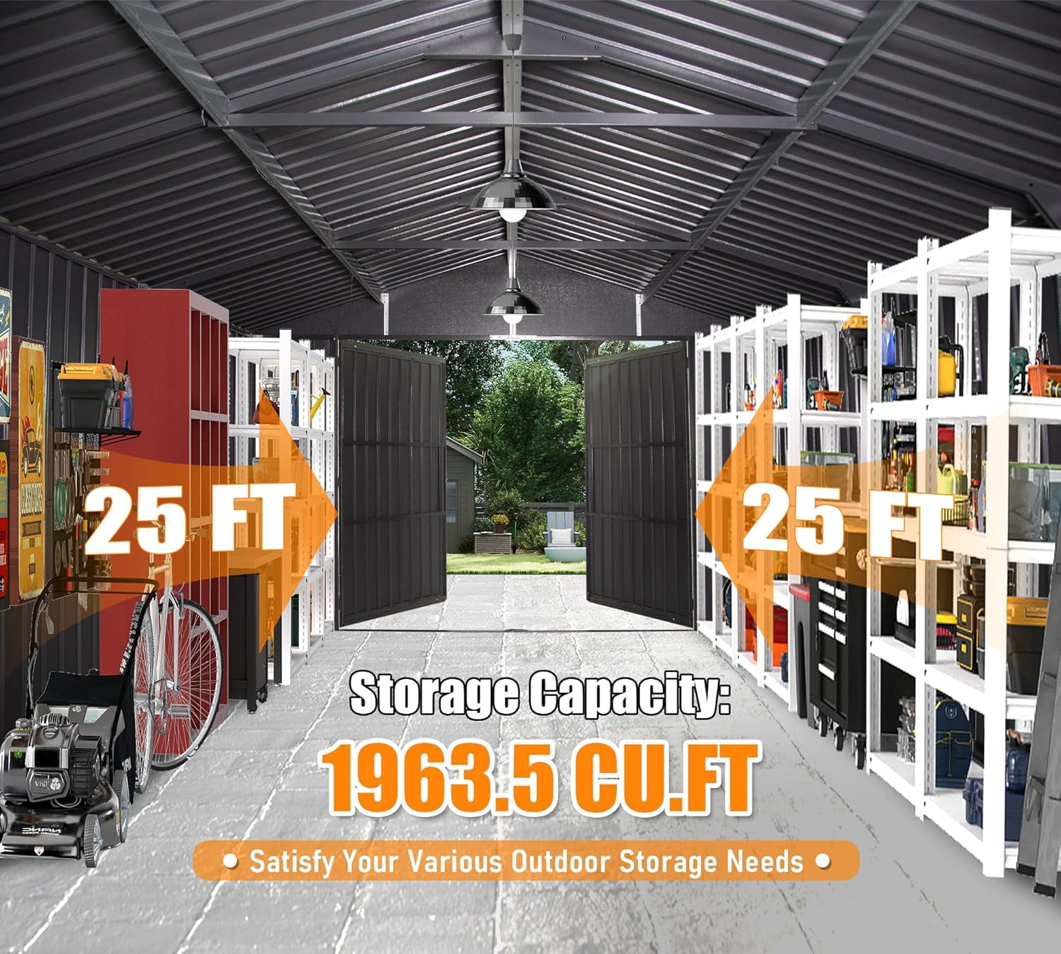 TOTAL Outdoor 12x25FT Outdoor Metal Garage Shed, Extra-Large Steel Carport with Lockable Double Doors, Heavy-Duty Car Shelter for Cars, Trucks, Motorcycles, and Lawn Equipment, Dark Grey