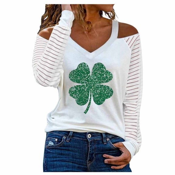 Guluxicc Womens St. Patrick's Day Shirts Casual Off Shoulder Long Sleeve Clover Graphic Tees Shamrock Printed Tunic Tops, S