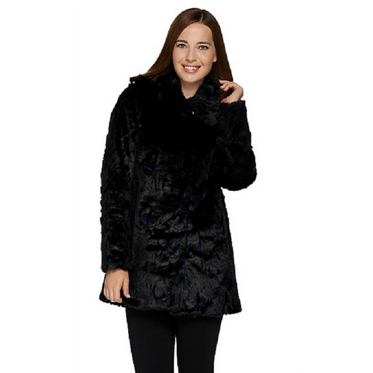Dennis Basso Platinum Collection Jacquard Faux Fur Coat Navy Black