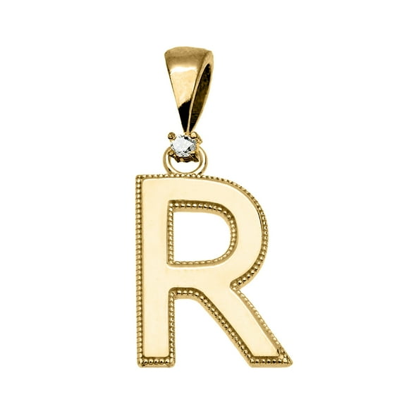 YELLOW GOLD HIGH POLISH MILGRAIN SOLITAIRE DIAMOND "R" INITIAL PENDANT NECKLACE : 10K Pendant with 20" chain
