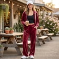 thumbnail image 4 of Szluipve Women Velvet 2 Piece Tracksuit Zip Up Hooded Long Sleeve Jacket High Waist Wide Leg Pants Casual Solid Loungewear Matching Set, 4 of 6