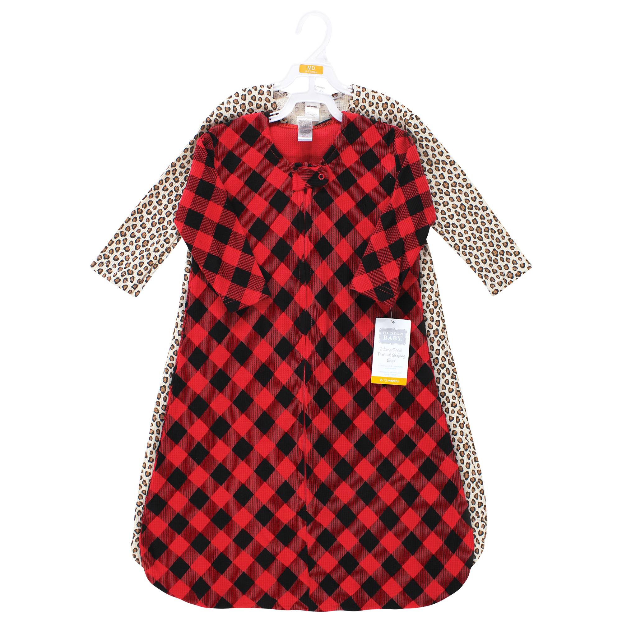 Hudson Baby Infant Girl Thermal Long Sleeve Sleeping Bag 2pk, Buffalo Plaid Leopard, 6-12 Months