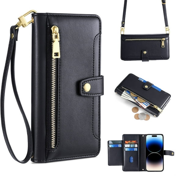 SaniMore for iPhone 13 Pro Case, with Kickstand [Shoulder & Wrist Strap] Flip Zipper Wallet Cash & Card Slots PU Leather TPU Interior Full Body Protection for iPhone 13 Pro, Black