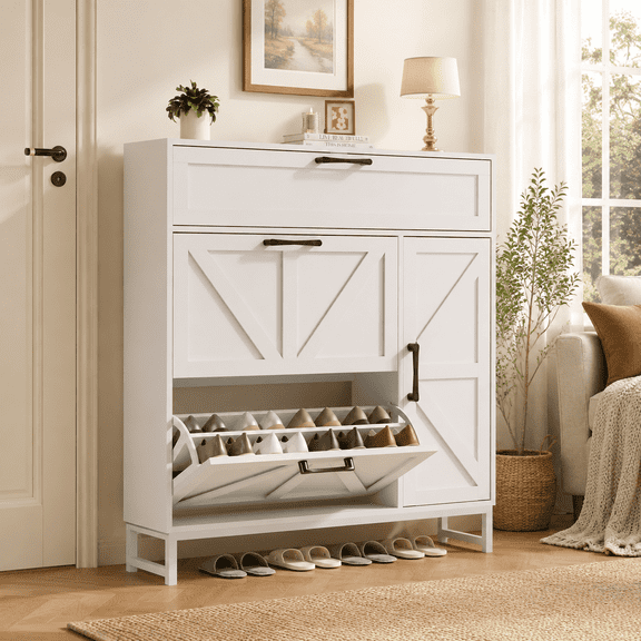 Guqiart Shoe Storage Cabinet with 2 Flip Drawers, Narrow Entryway Shoe Organizer Cabinet, Freestanding Wooden Shoe Rack with Open Storage Shelves, Space Saving Shoe Cabinet for Hallway, White