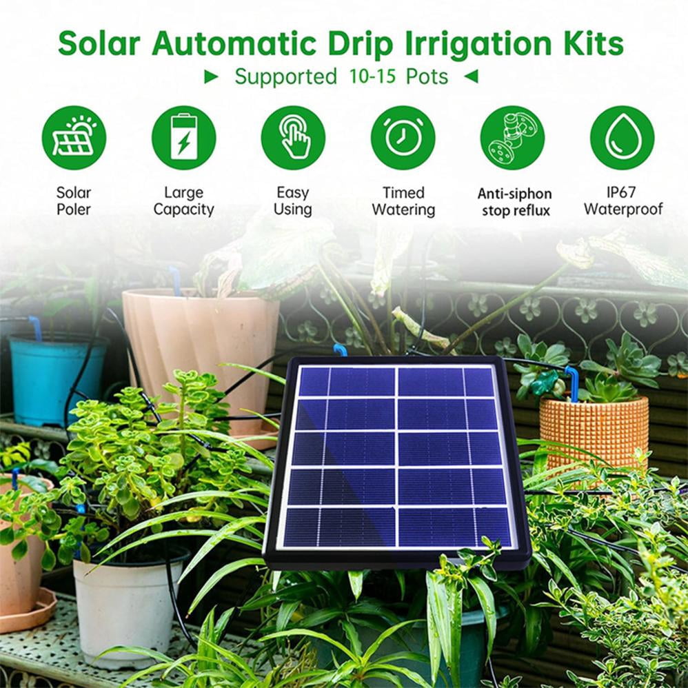 COM1950s Solar Automatic Watering System,Drip Irrigation Kit with Usb Charging and Solar Panel,Compact 5.3X1.6X5.7 In,Easy Installation for Gardens,Potted Plants,Greenhouses