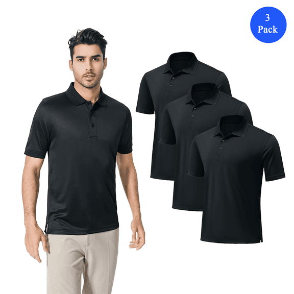 Zfeel Men's Mesh Collared Poly Short Sleeve Polo T-Shirt, Comfortable Black Tee, Pack of 3, S