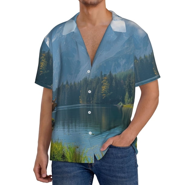 Balery Majestic Deer Mountain Lake Camisa Casual de Manga Corta con Botones para Hombre, Texturizada, Estilo Cubano, para Playa, Verano-X-Large