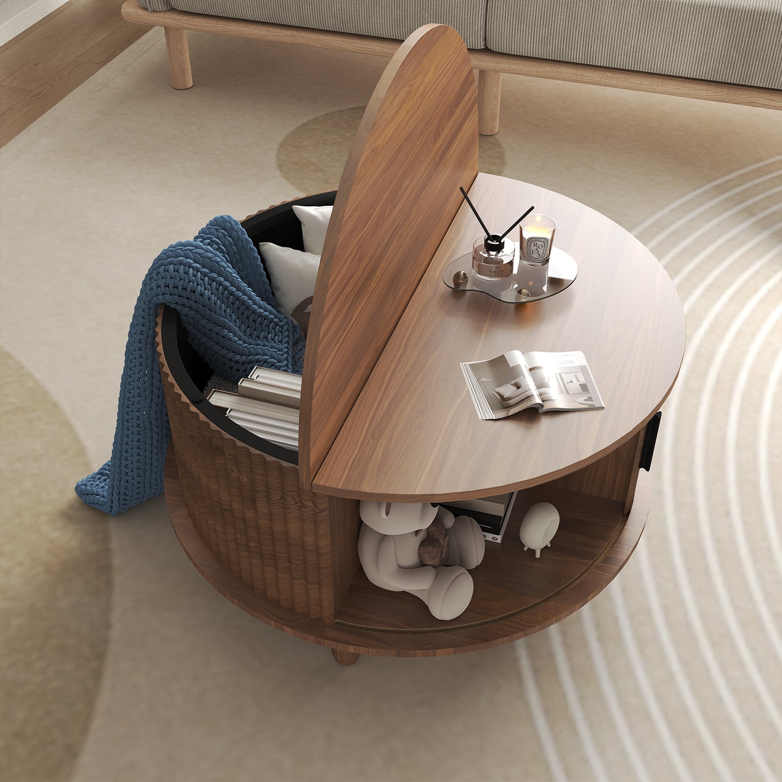 Strafriture Round Coffee Table with Storage, 30.7" Modern Coffee Table with 360° Curved Sliding Door, Fluted Wood Coffee Table with Footpads, Round Center Table for Living Room, Walnut