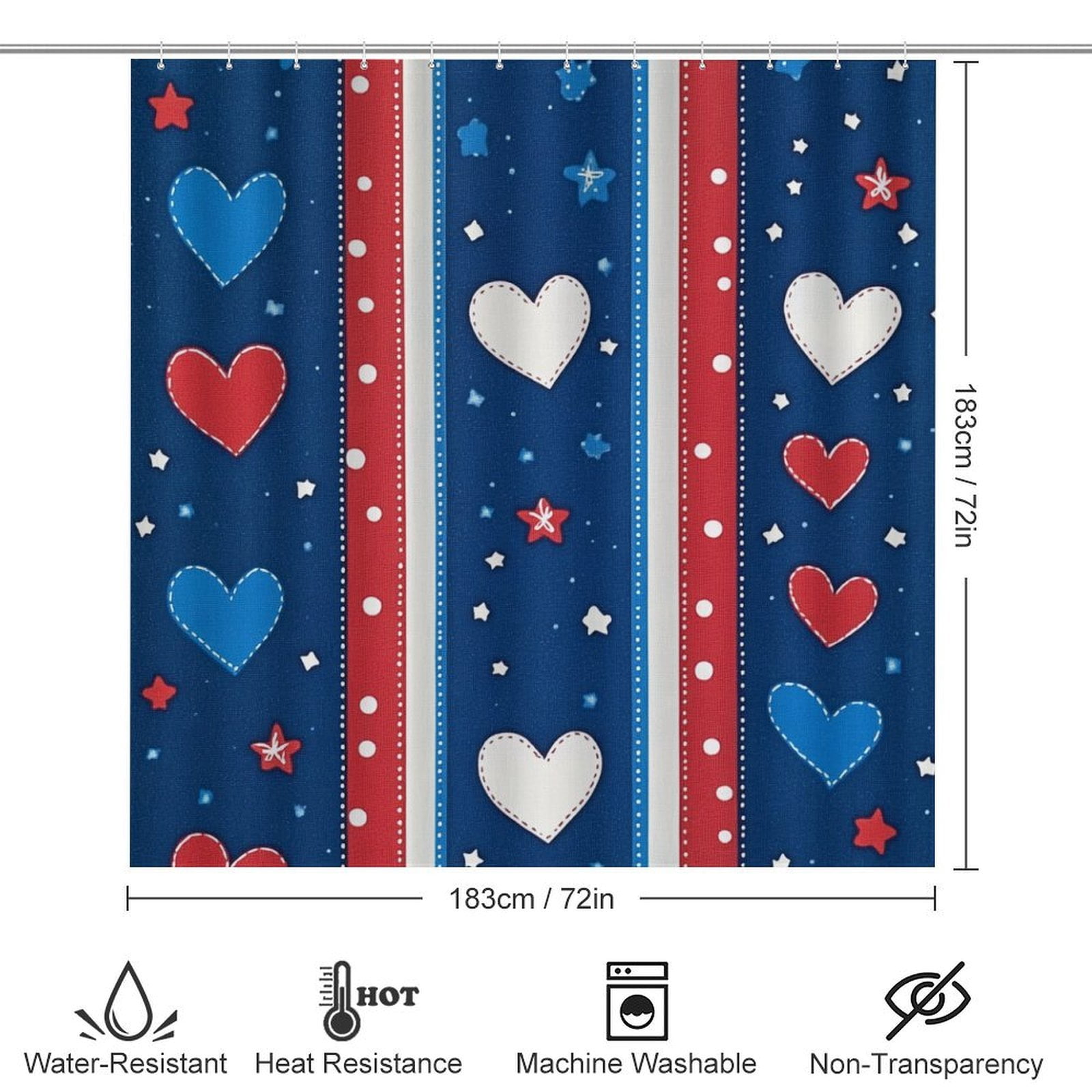 USA Hearts & Stars Shower Curtain Sets 4 Piece Bathroom Shower Curtain Set with Rugs Memorial Day Patriotic Waterproof Fabric Bath Curtain for Bathroom Decor Set