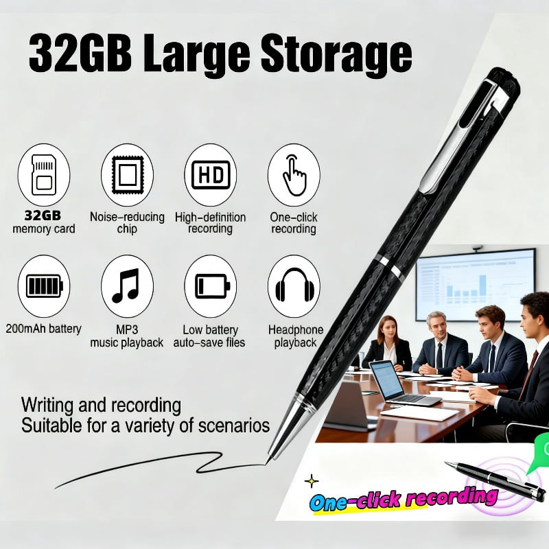 Professional Noise-Canceling Digital Voice Recorder - 32GB MP3 Player, Voice Control, One-Touch Recording for Students & Journalists