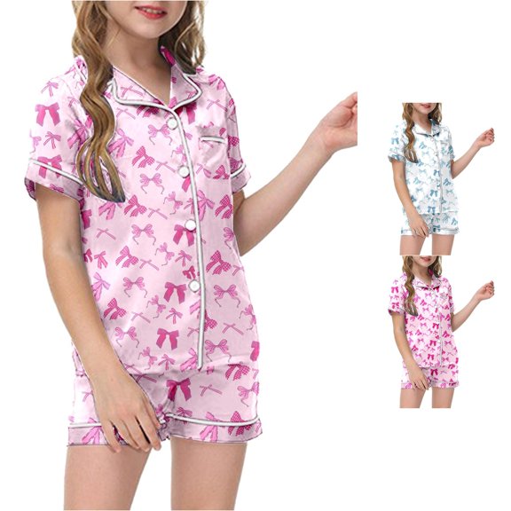 CUZIBR Toddler Pajamas For Girls Short Sleeve Button Down Shirt And Shorts 2 PC Sleepwear Bow Graphic Lapel Smooth Loungewear Comfort Party Daily Nightwear,Pink,3-4 Years