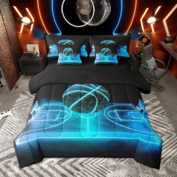 Manfei Boys Basketball Twin Bedding Sets, Teens Sports Bedding Comforter Set, Cyan Blue Gradient Basketball Court Sheet Sets, Super Cozy Room Decor Reversible 7 Pieces