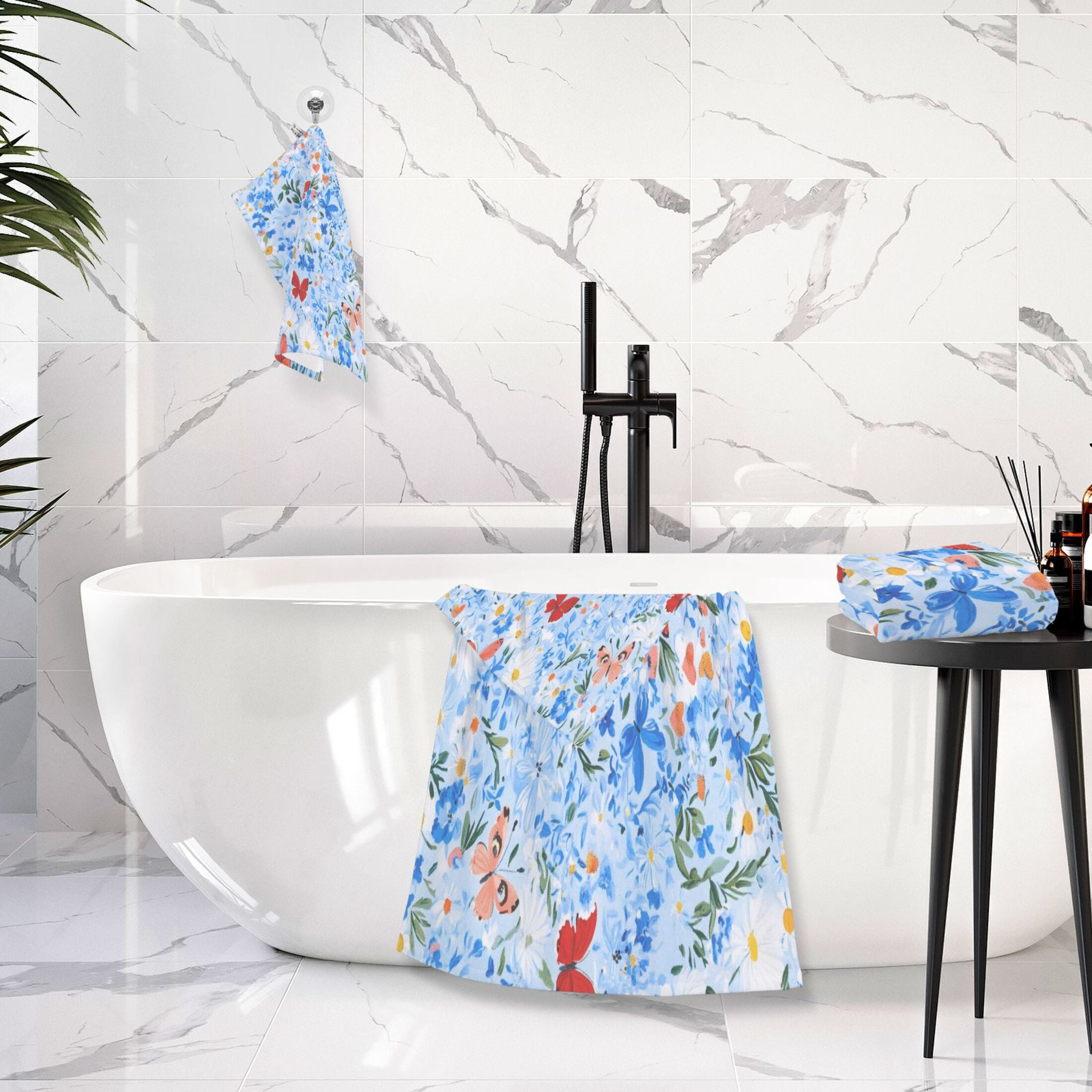 Navy Floral and Butterfly 2 Piece Cotton Bath and Face Towel Set Soft and Absorbent, for Beach Pool Bathroom