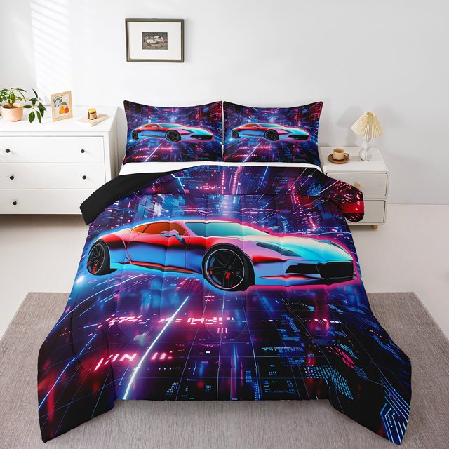 Erosebridal Racing Car Bedding Twin Comforter Set,Gradient Geometric Down Comforter,Race Car Bedroom Decor,Reversible,Lightweight,2 Piece