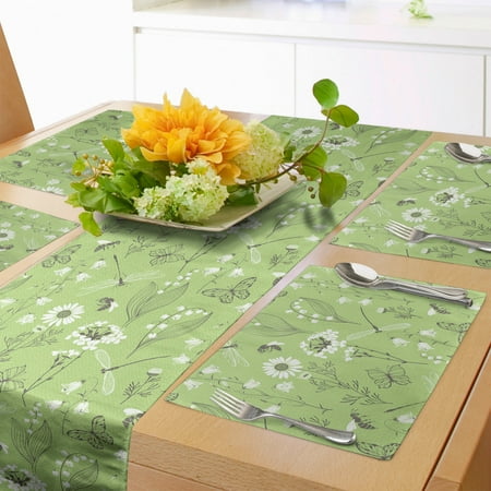 

Nature Art Table Runner & Placemats Daisy Bees Ladybug Bluebell Buttercup Campanula Dragonfly Butterfly Set for Dining Table Placemat 4 pcs + Runner 14 x90 Pistachio Green White by Ambesonne