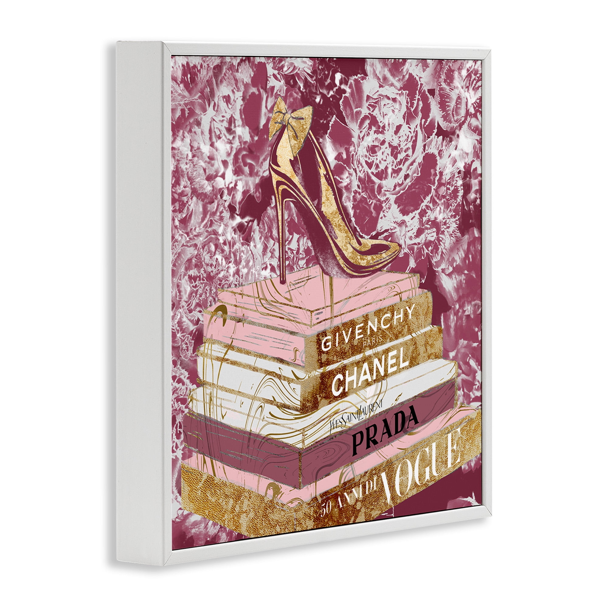 Stupell Industries Pink Glitz Heel on Bookstack Beauty & Fashion Painting White Framed Art Print Wall Art, 12 x 12