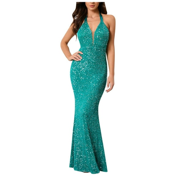 Womens Dresses Women Evening Prom Dress Sequin Sleeveless Dress Neck Backless Mermaid Maxi Long Dress Formal Cocktail Prom Gowns