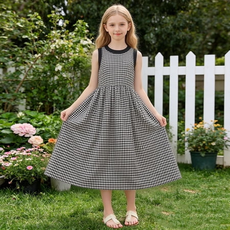 Spazoro Girls Midi Dresses Sleeveless A-Line Plaid Crew Neck Casual Summer Dresses for Girls Black Size 14