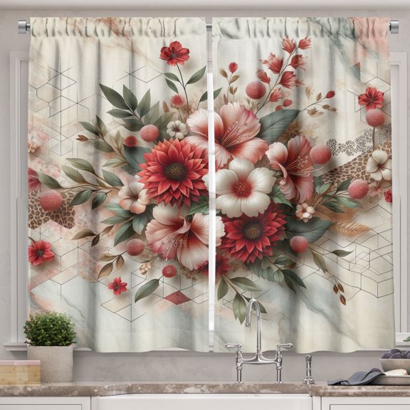 Ambesonne Flowers Kitchen Curtains, Tender Floral Marble Print, 55"x36", Pale Ruby and Laurel Green