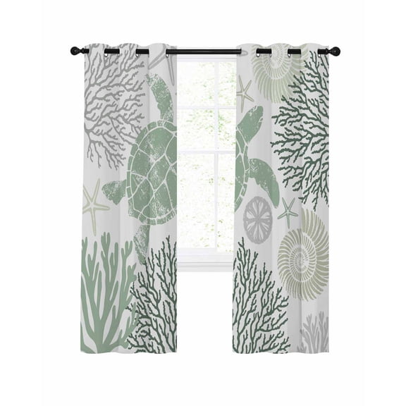 Sage Green Coastal Turtle Blackout Curtains, Light Blocking Print Window Curtains, Ocean Coral Nautical Thermal Insulated Window Drapes for Living Room Kitchen Cafe 2 Panels, 55"W x 39"L