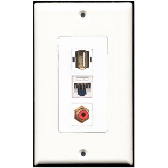 RiteAV - 1 Port RCA Red 1 USB A-A 1 Cat5e Ethernet White Wall Plate Decorative