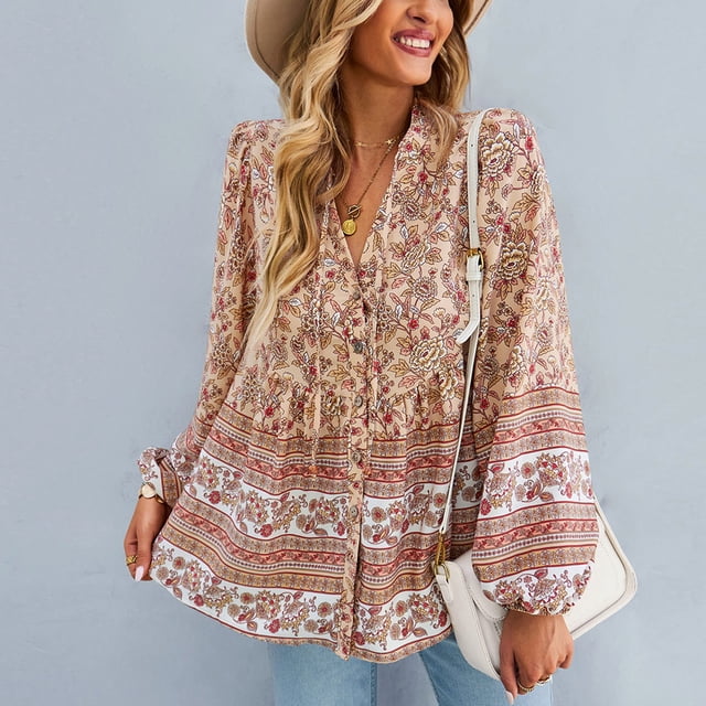 Blusas de manga larga con estampado floral, camisas bohemias casuales para mujer, blusas sueltas de manga larga, camisas bohemias con estampado floral de primera calidad
