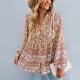 thumbnail image 3 of Camisas bohemias informales para mujer, estampado floral, con botones, cuello en V, manga larga, con cordón, blusas sueltas y fluidas, color caqui XL, 3 of 6