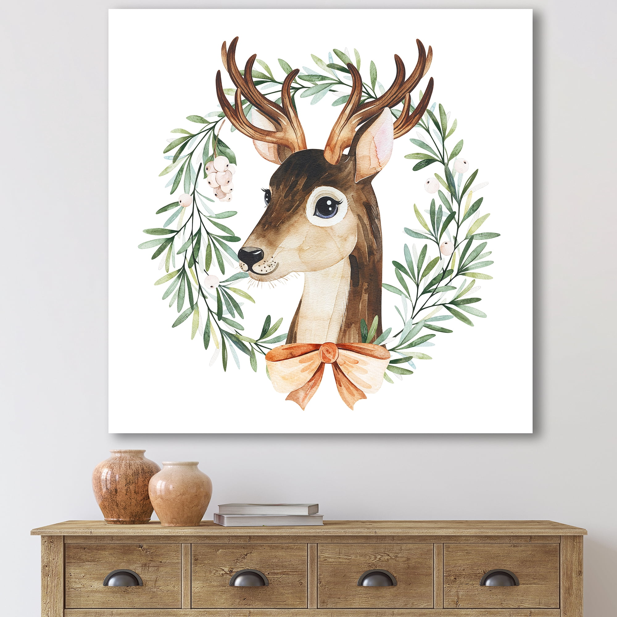 Designart ' Floral Wreath Isolated On White Over Deer ' Farmhouse Canvas Wall Art Print