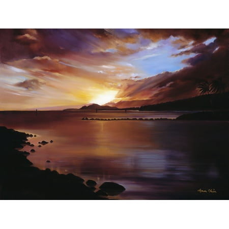 - USA Hawaii Islands Oahu Landscape Of Sunset Over Ocean (Sunset of Hawaii Kai Oil Painting) Hawaii Kai Canvas Art - Han Choi Design Pics (17 x 13)